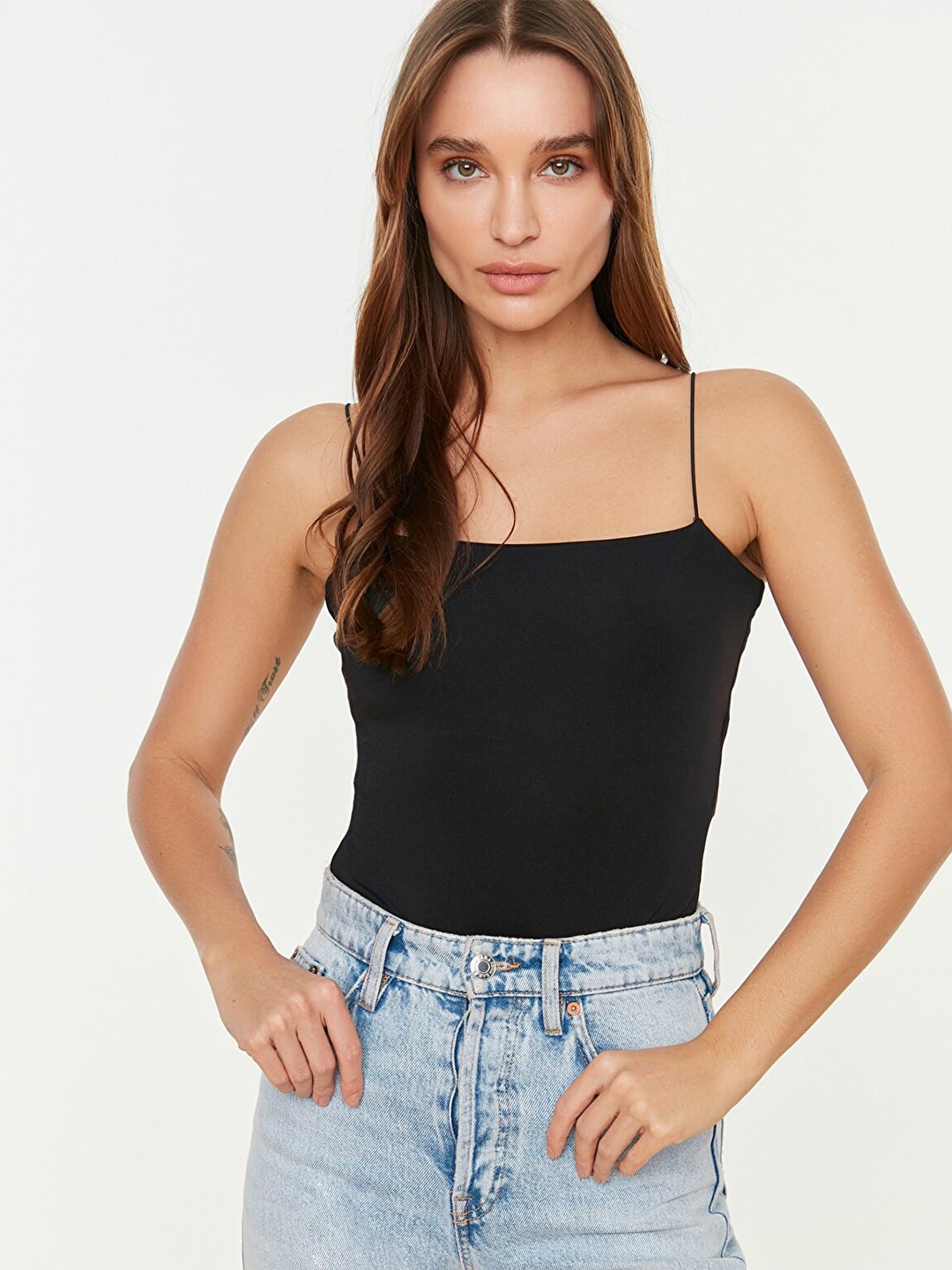 

Trendyol Black Solid Fitted Top