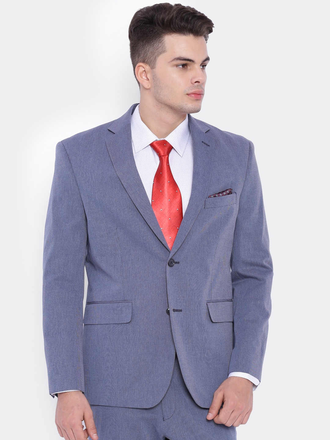 

SUITLTD Men Blue Textured Slim Fit Single-Breasted Formal Pure Cotton Blazer