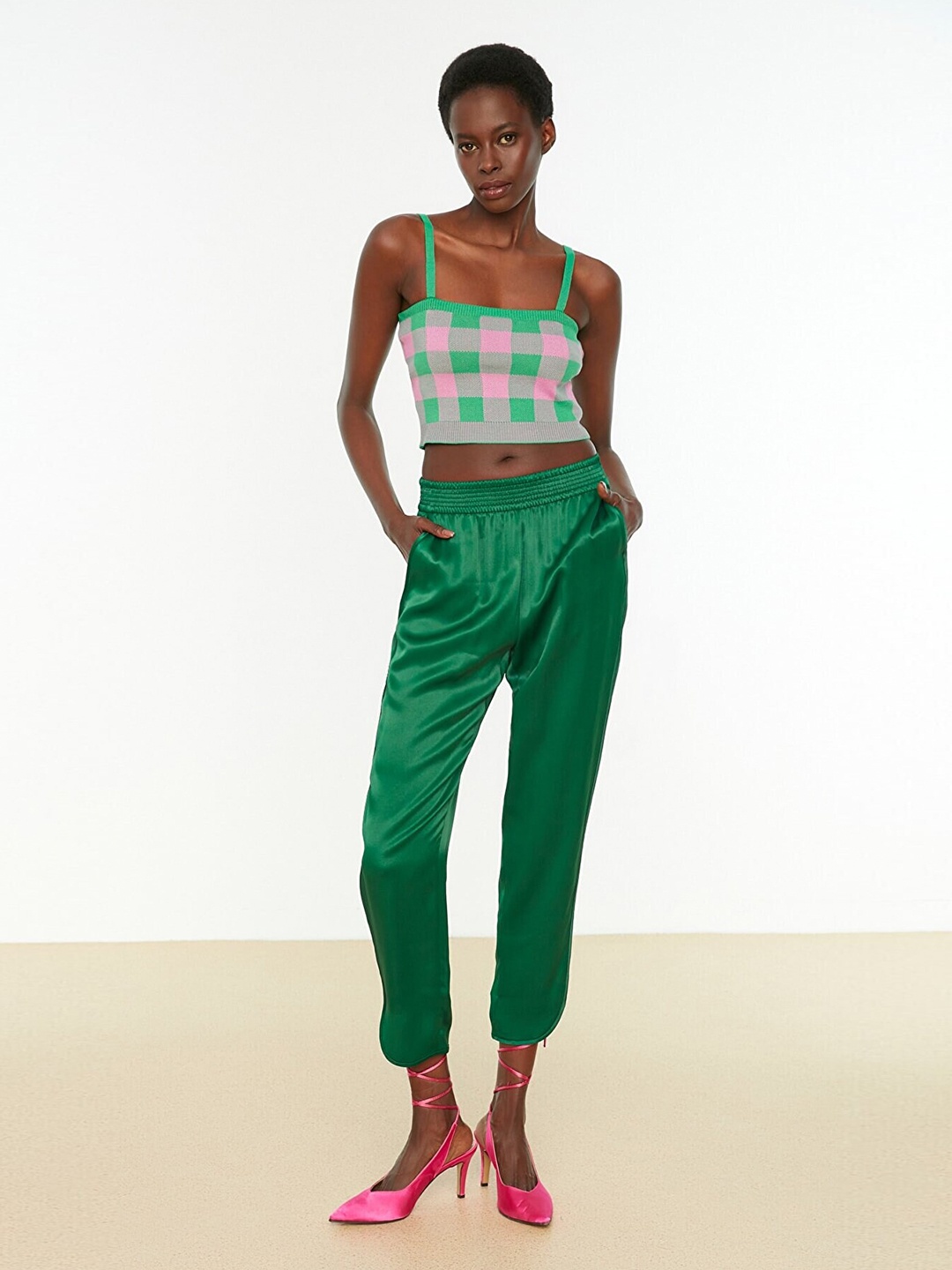 

Trendyol Women Green Checked Crop Top