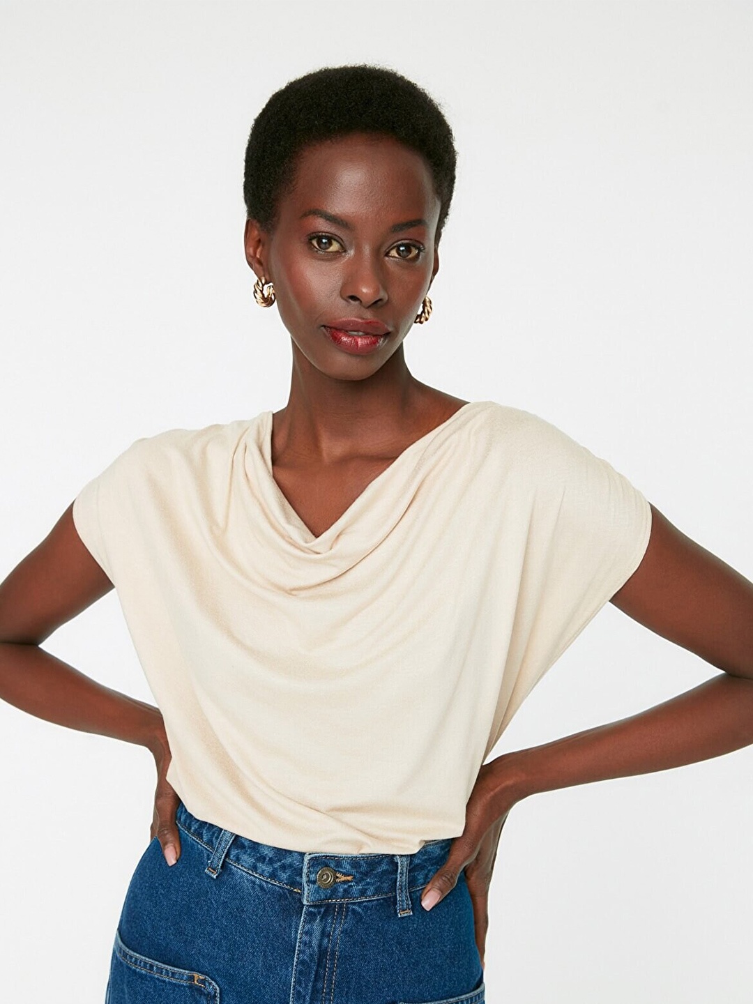 

Trendyol Women Beige Cowl Neck Extended Sleeves Top