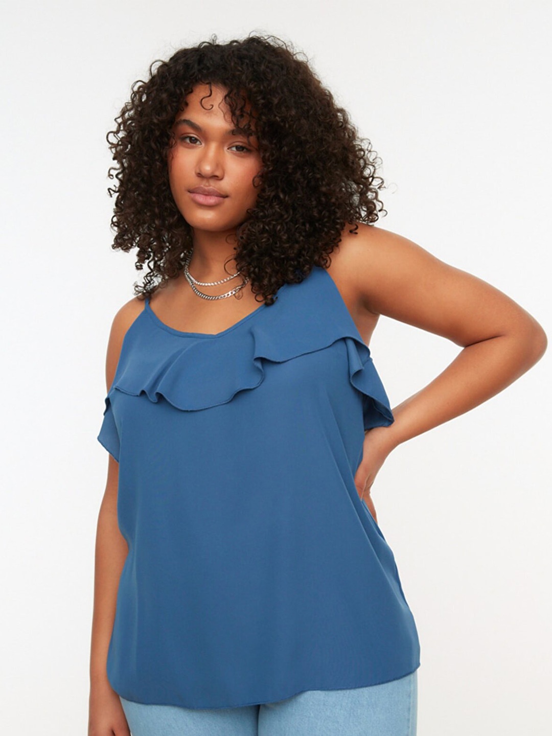 

Trendyol Women Plus Size Blue Solid Regular Top