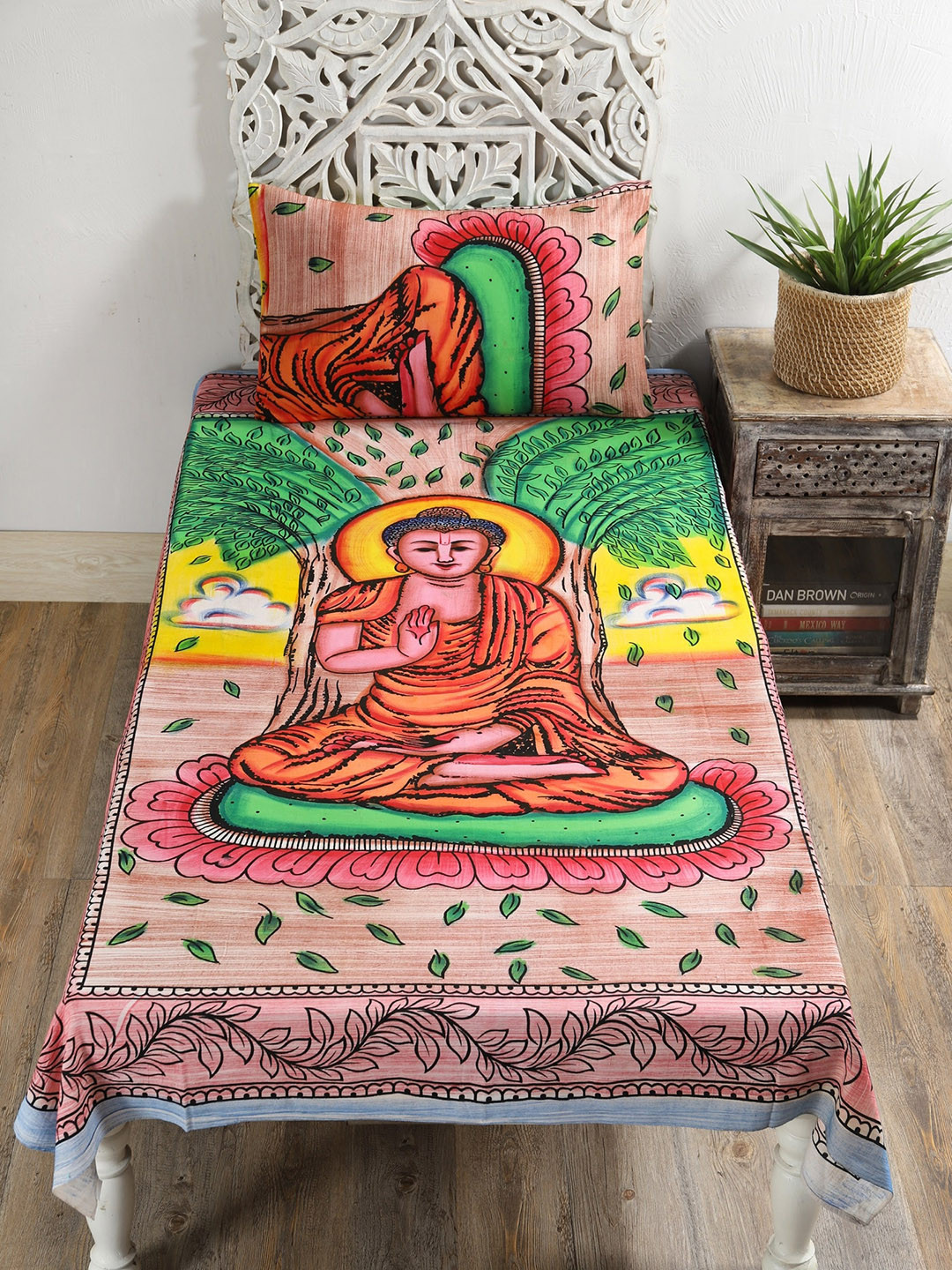 

HANDICRAFT PALACE Unisex Multicolor Buddha Printed 144 TC Bedsheets with 1 Pillow Cover, Yellow