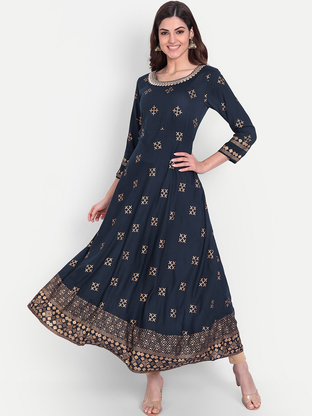 

KASHEEDA Women Blue Ethnic Motifs Printed Flared Sleeves Anarkali Kurta