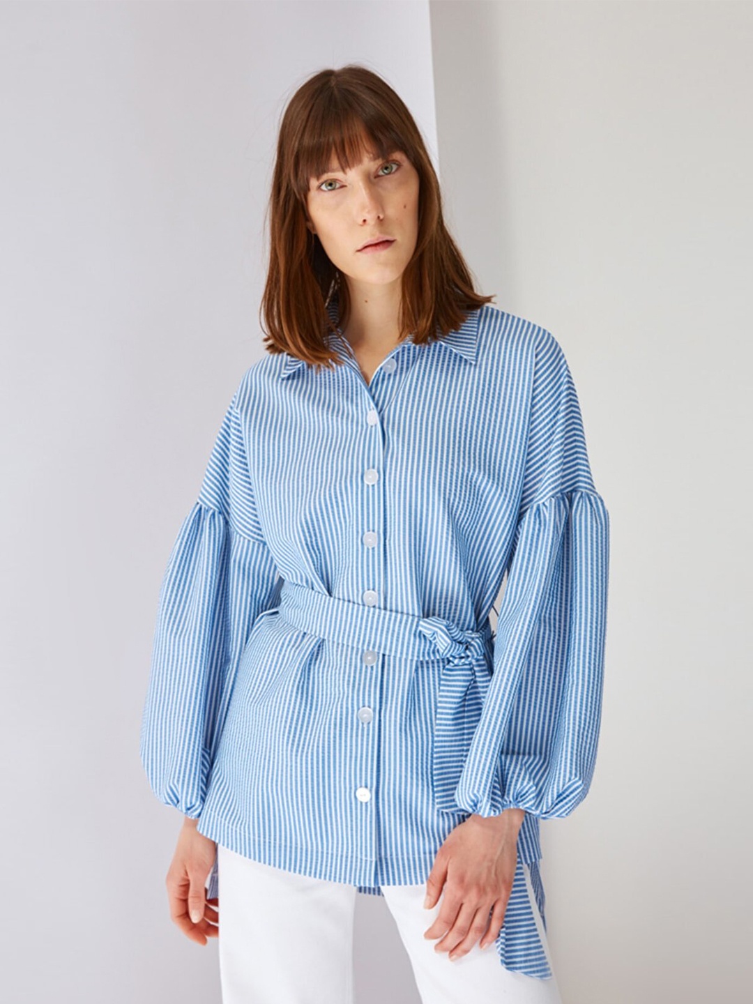 

Trendyol Women Blue Contemporary Striped Casual Shirt