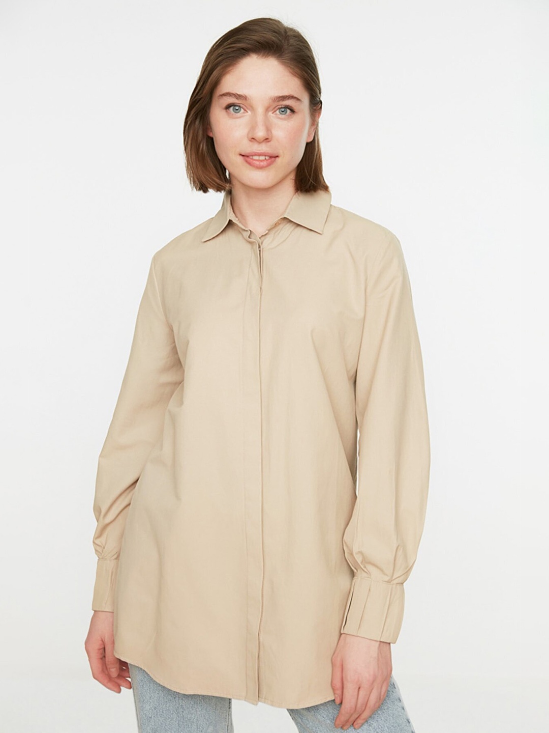 

Trendyol Women Beige Contemporary Casual Cotton Shirt