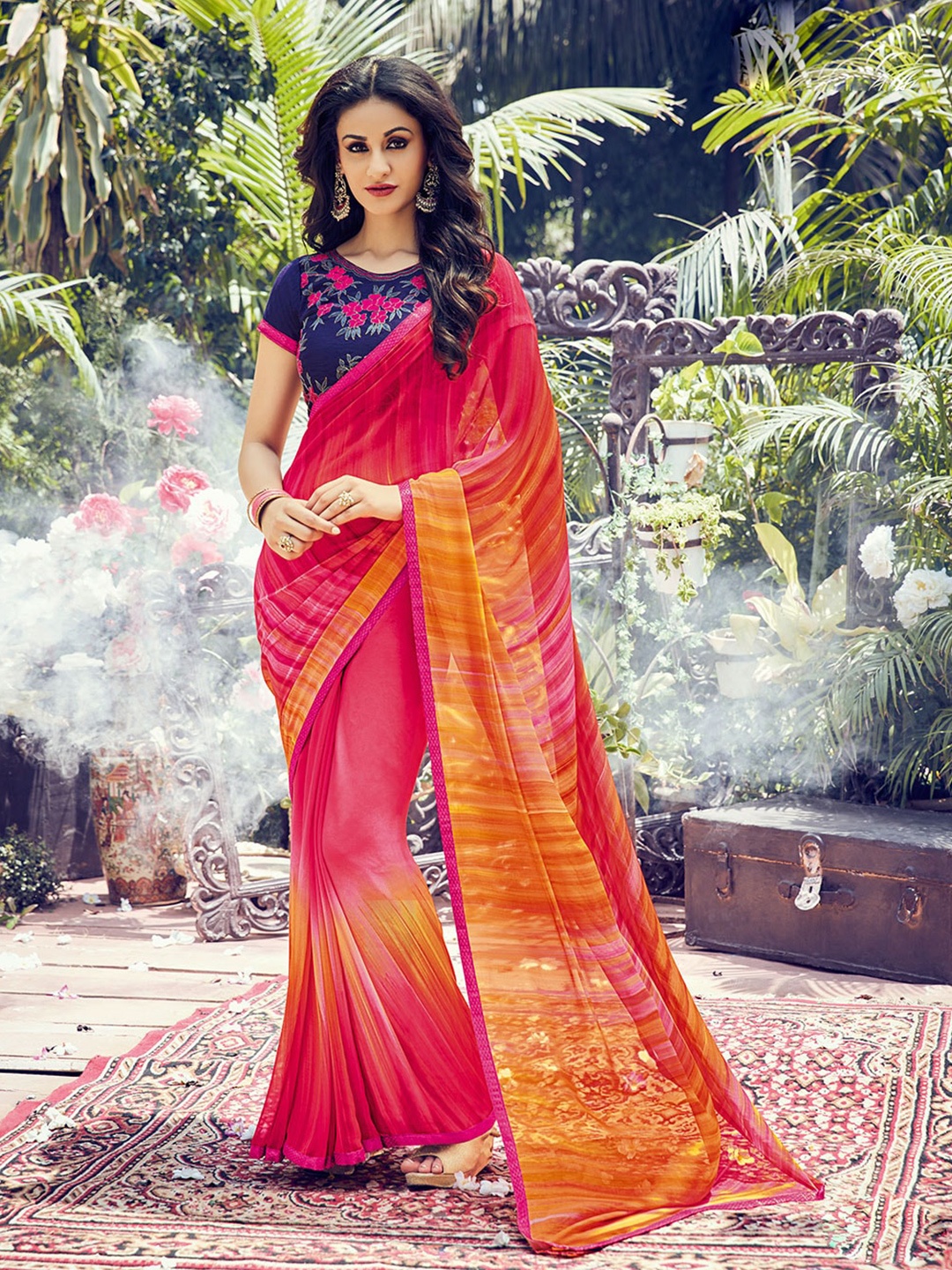 

Shaily Red & Yellow Pure Georgette Saree