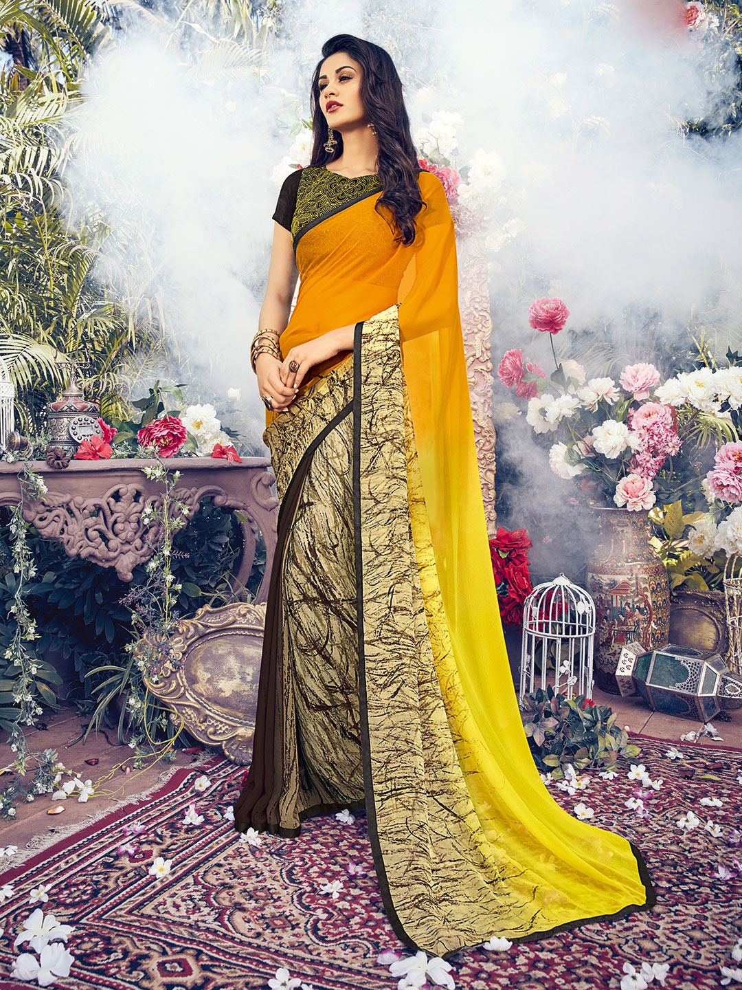 

Shaily Yellow & Orange Pure Georgette Saree