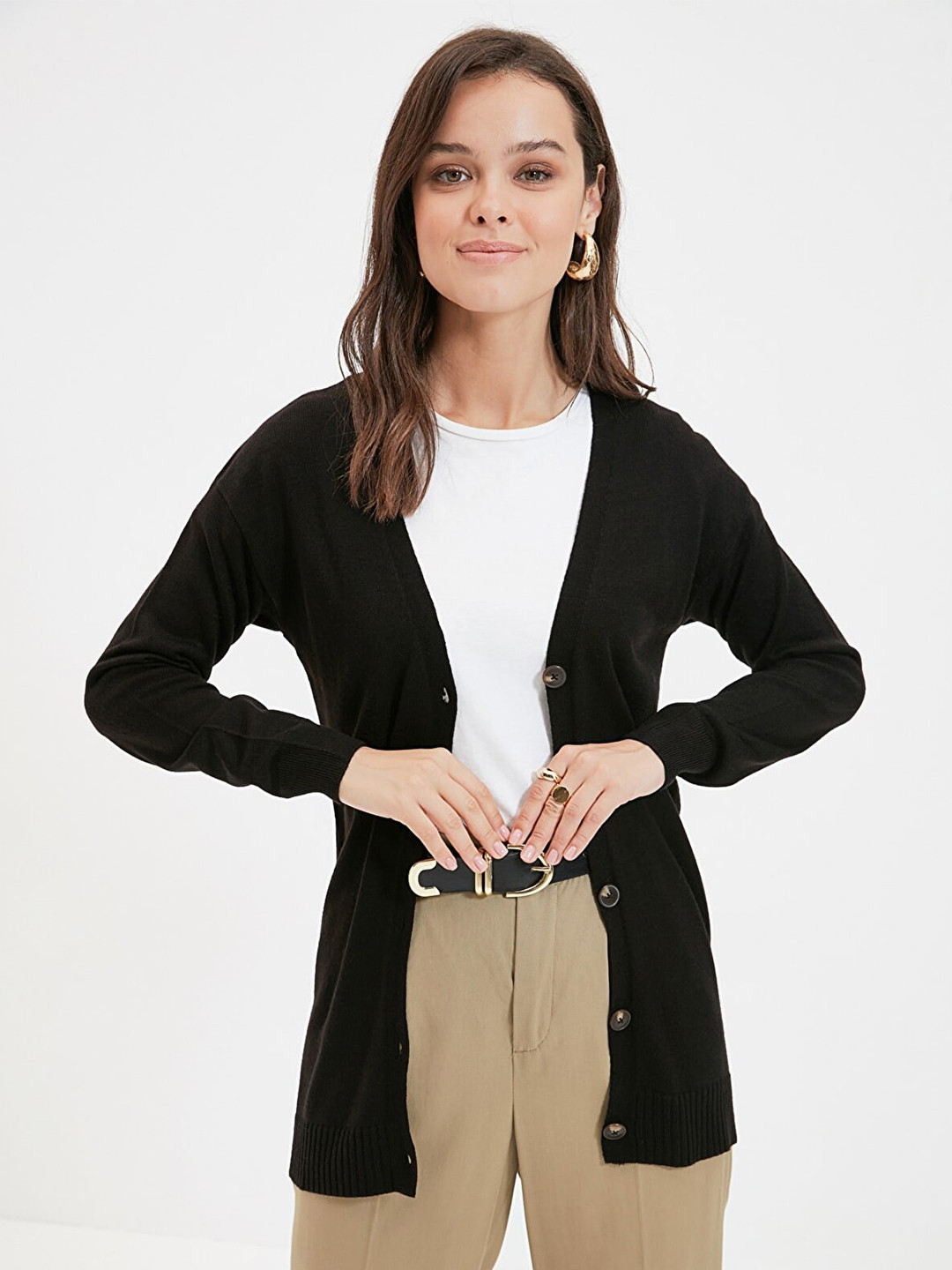 

Trendyol Women Black Solid Longline Cardigan