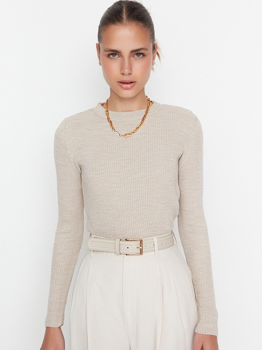 

Trendyol Women Beige Ribbed Pullover