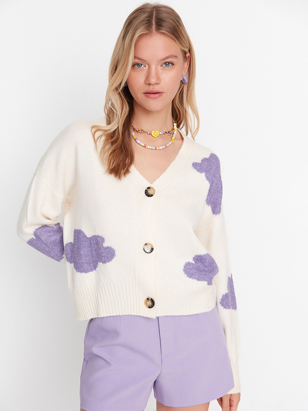 

Trendyol Women Off White & Purple Printed Cardigan