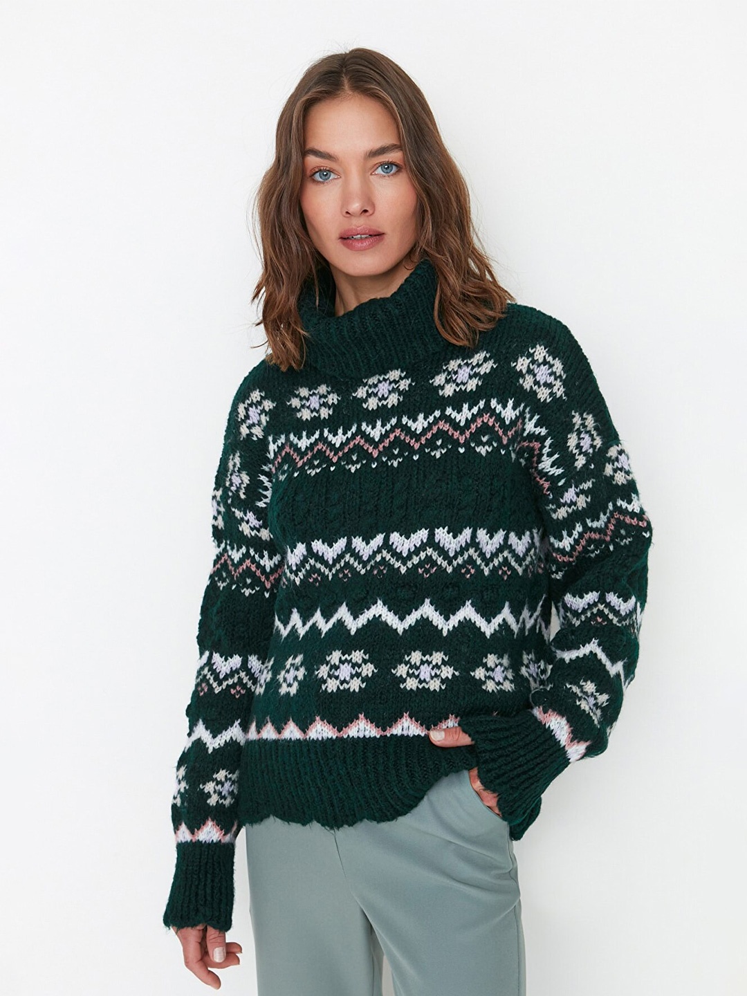 

Trendyol Women Green & White Cable Knit Printed Pullover