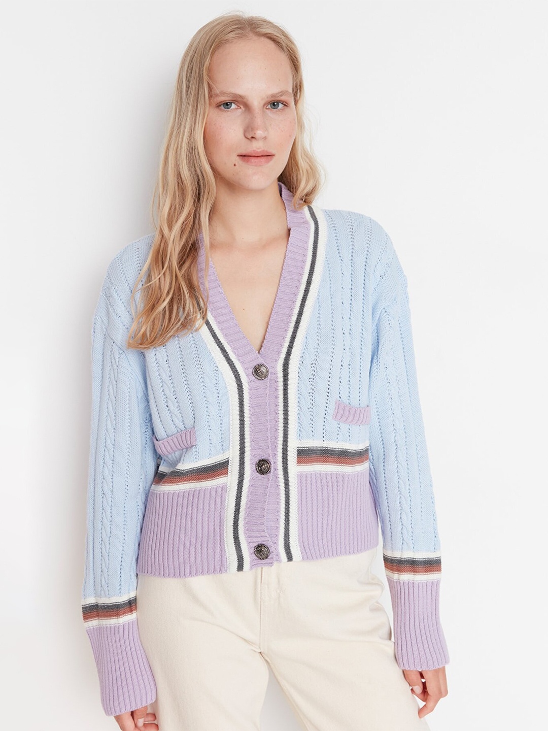 

Trendyol Women Blue & Purple Colourblocked Printed Cardigan