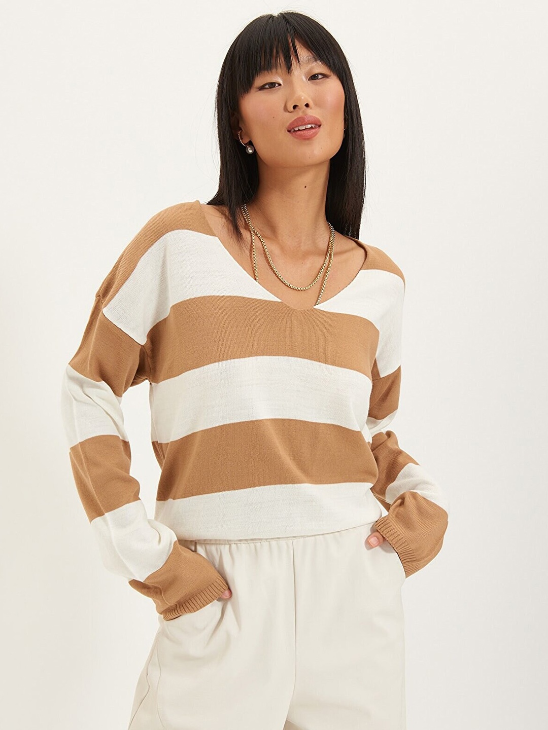 

Trendyol Women Camel Brown & Off White Striped Pullover