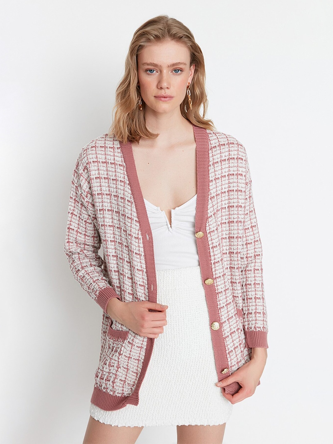 

Trendyol Women Rose & White Checked Cardigan