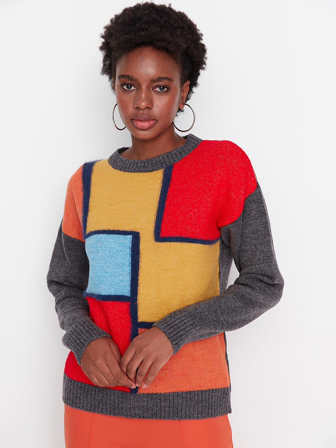 

Trendyol Women Charcoal & Red Printed Pullover