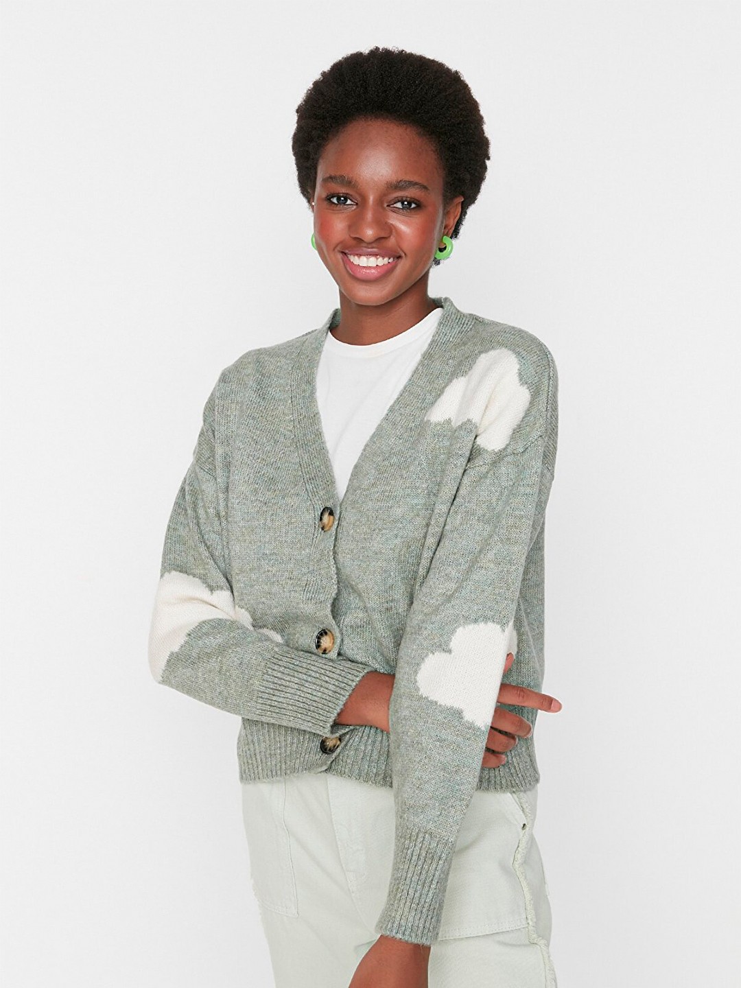 

Trendyol Women Green & White Printed Cardigan