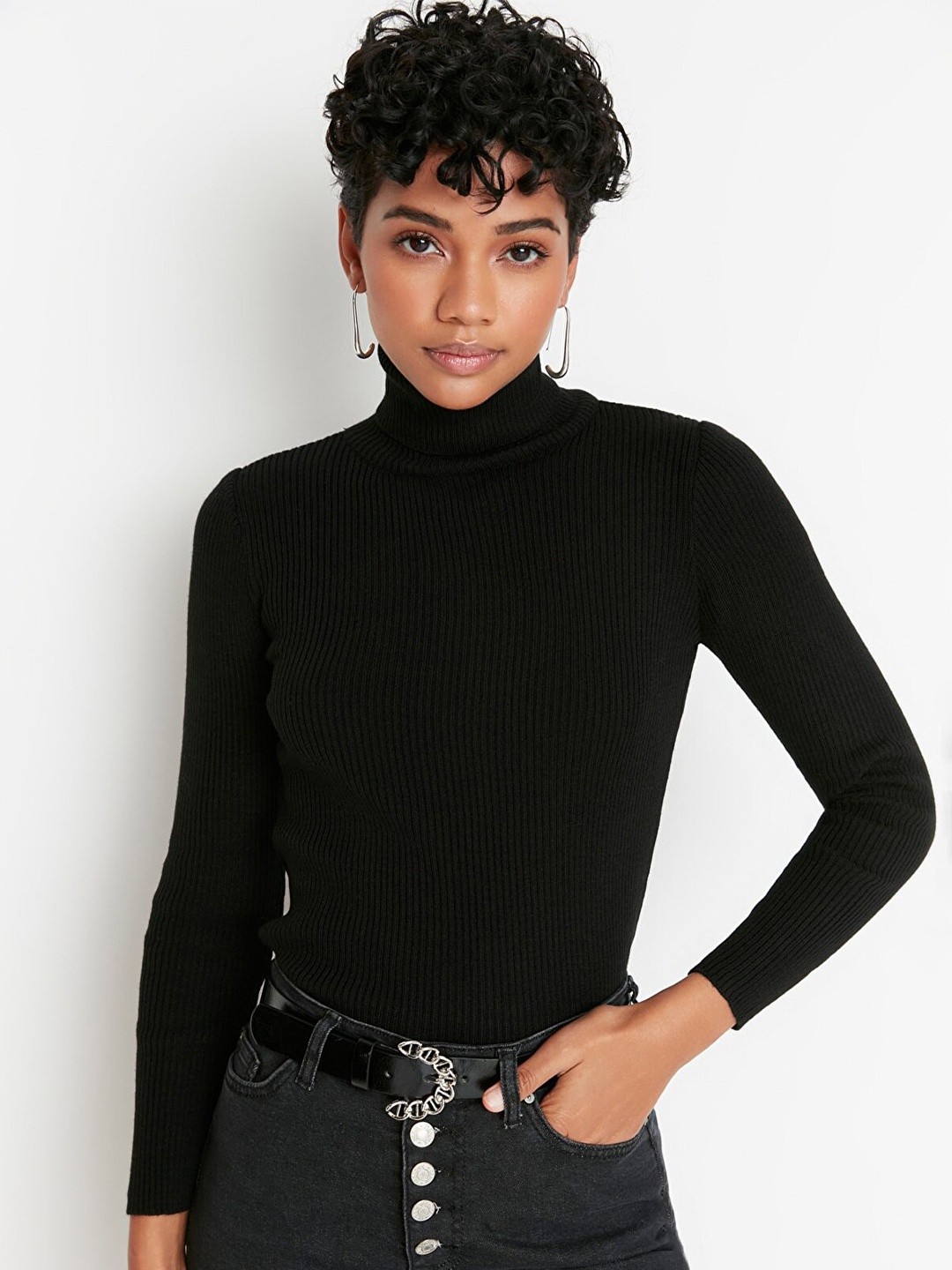 

Trendyol Women Black Solid Turtle Neck Pullover
