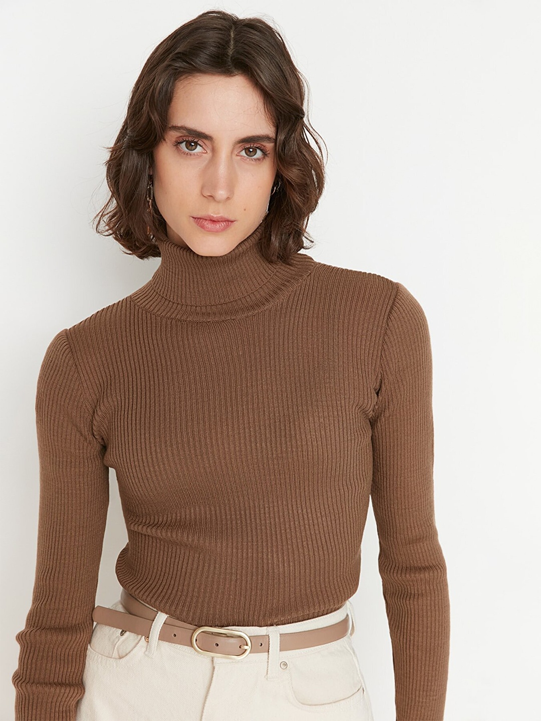 

Trendyol Women Brown Ribbed Pullover