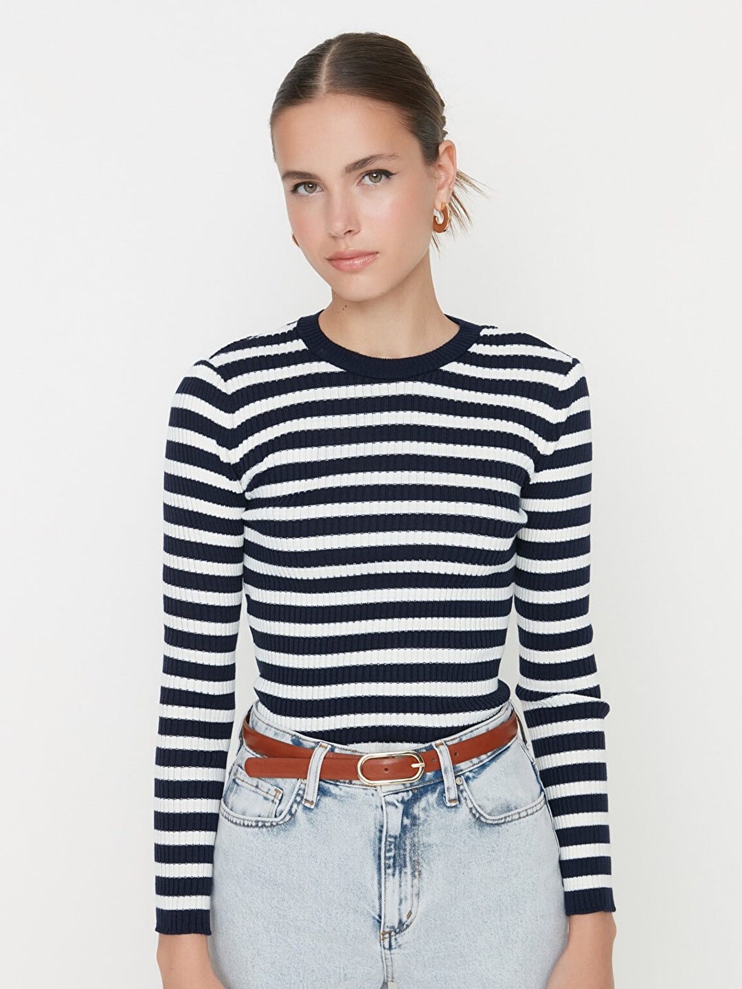 

Trendyol Women Navy Blue & White Striped Pullover