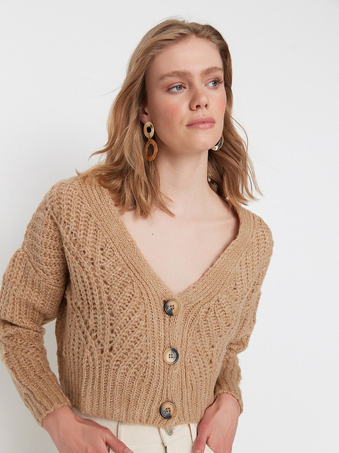 

Trendyol Women Camel Brown Crop Cardigan