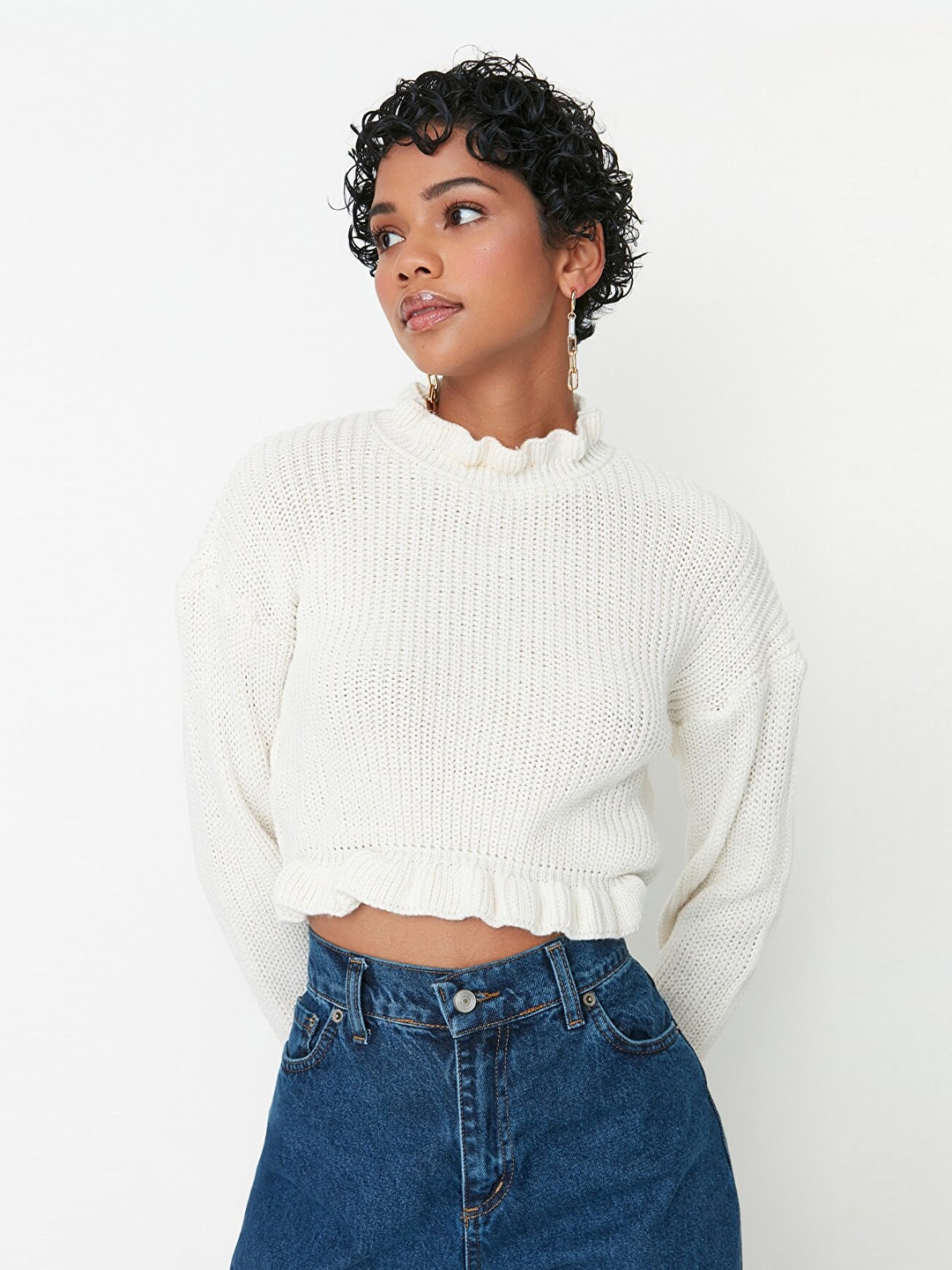 

Trendyol Women Off White Crop Pullover