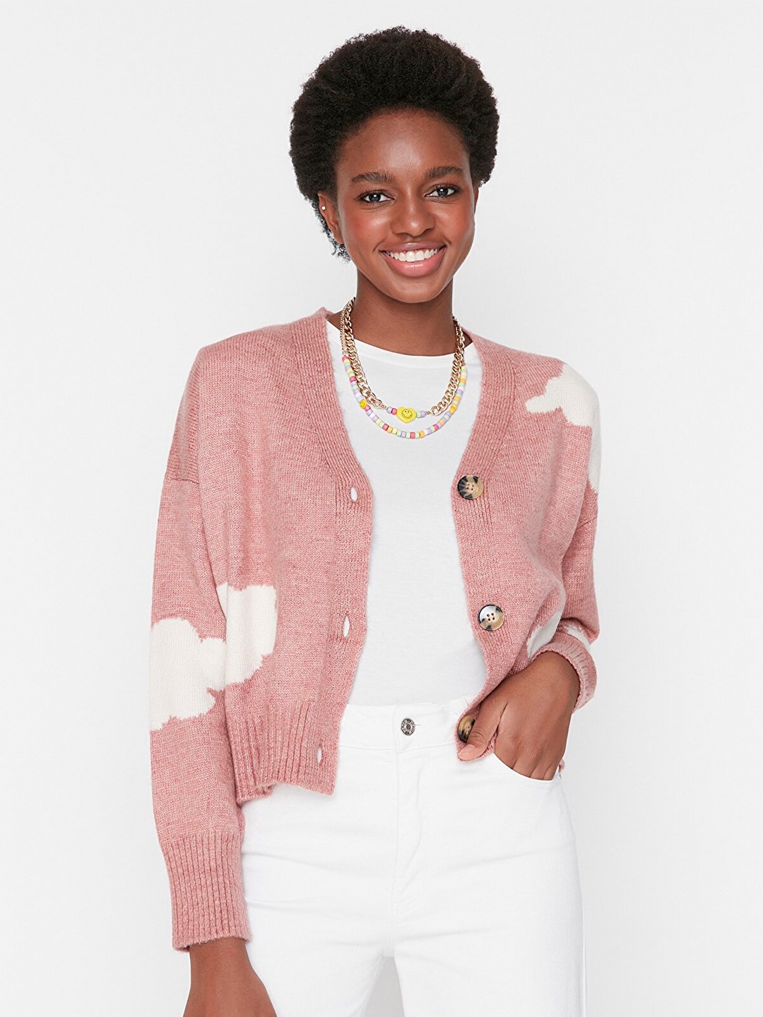 

Trendyol Women Rose & White Printed Crop Cardigan