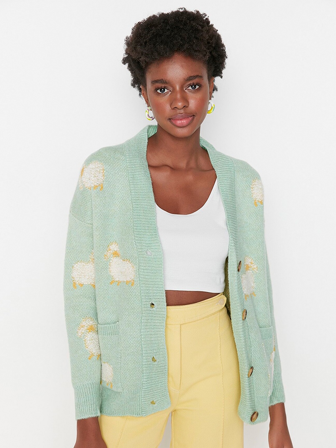 

Trendyol Women Green & White Animal Printed Cardigan