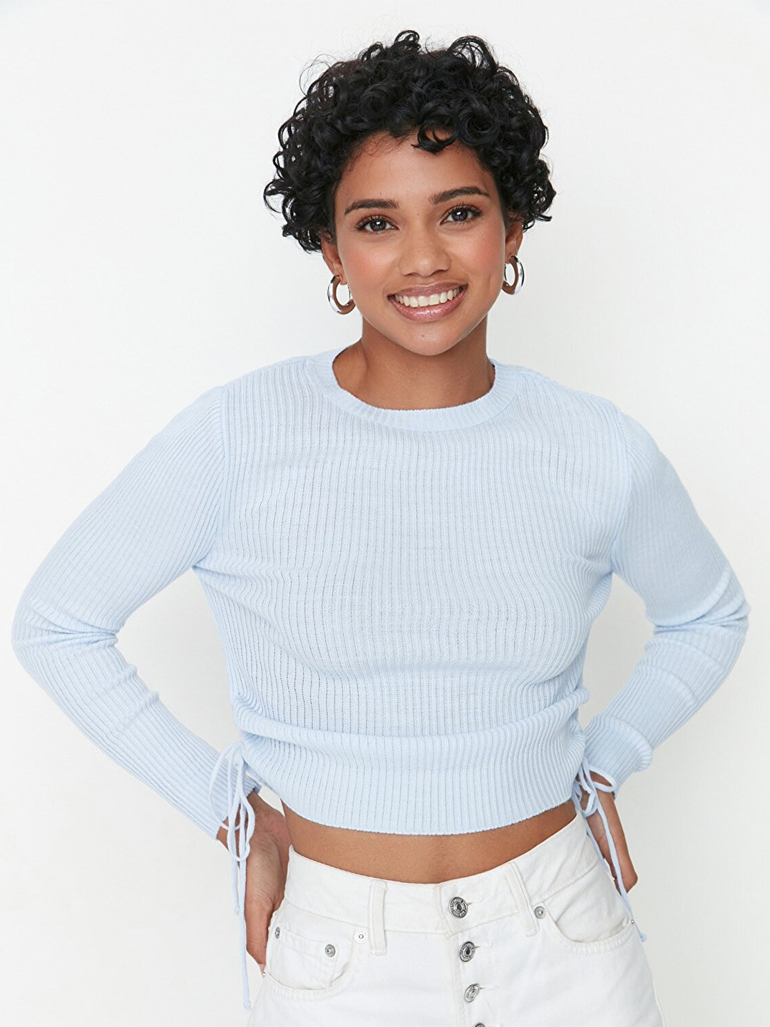 

Trendyol Women Blue Ribbed Crop Pullover