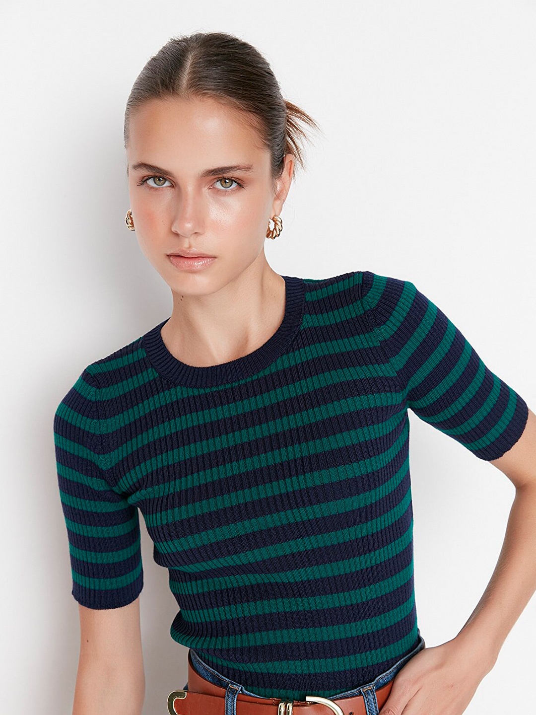 

Trendyol Women Navy Blue & Green Striped Pullover