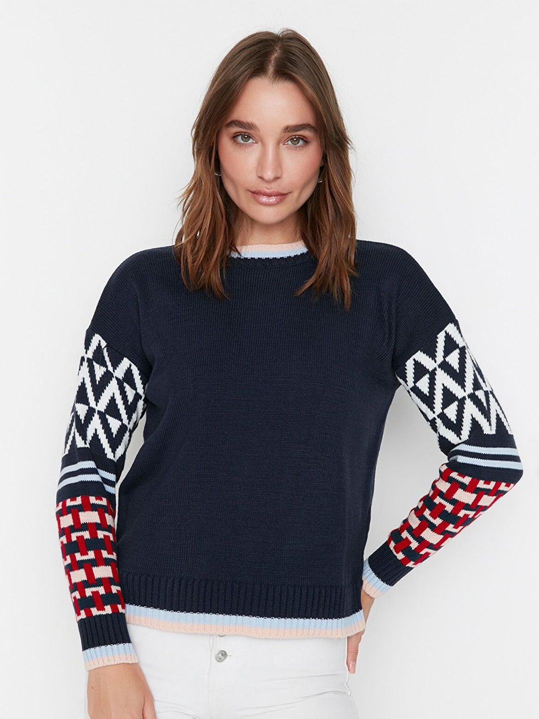 

Trendyol Women Navy Blue & White Printed Pullover Sweater