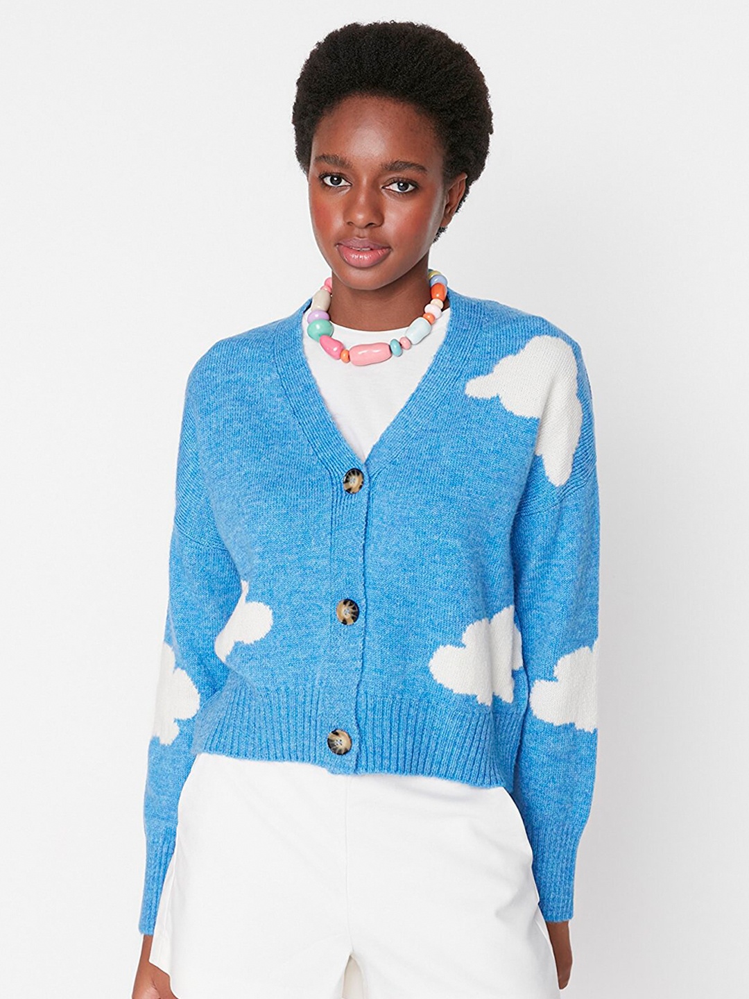 

Trendyol Women Blue & White Printed Crop Cardigan Sweater