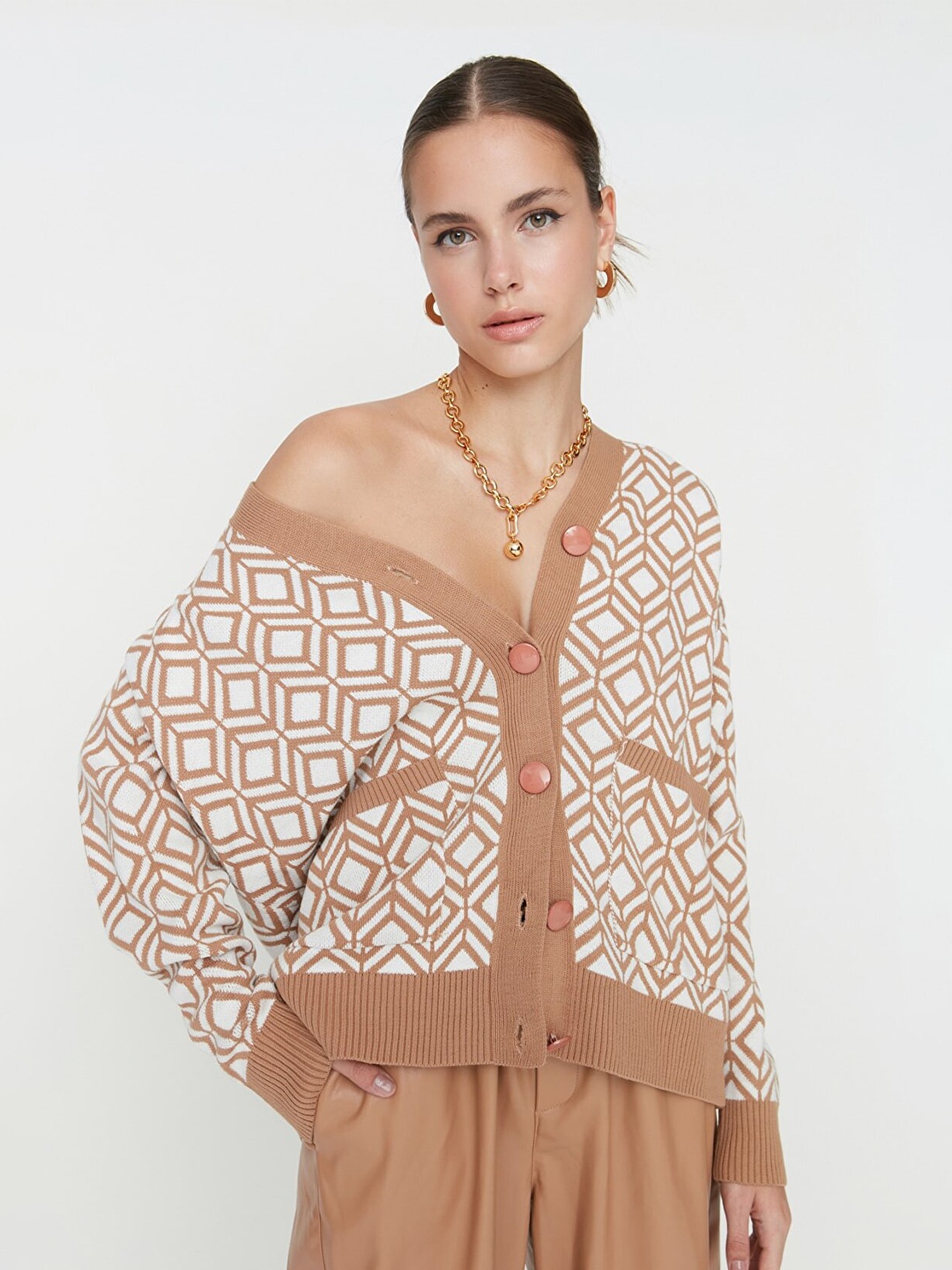 

Trendyol Women Camel Brown & Cream-Coloured Printed Cardigan