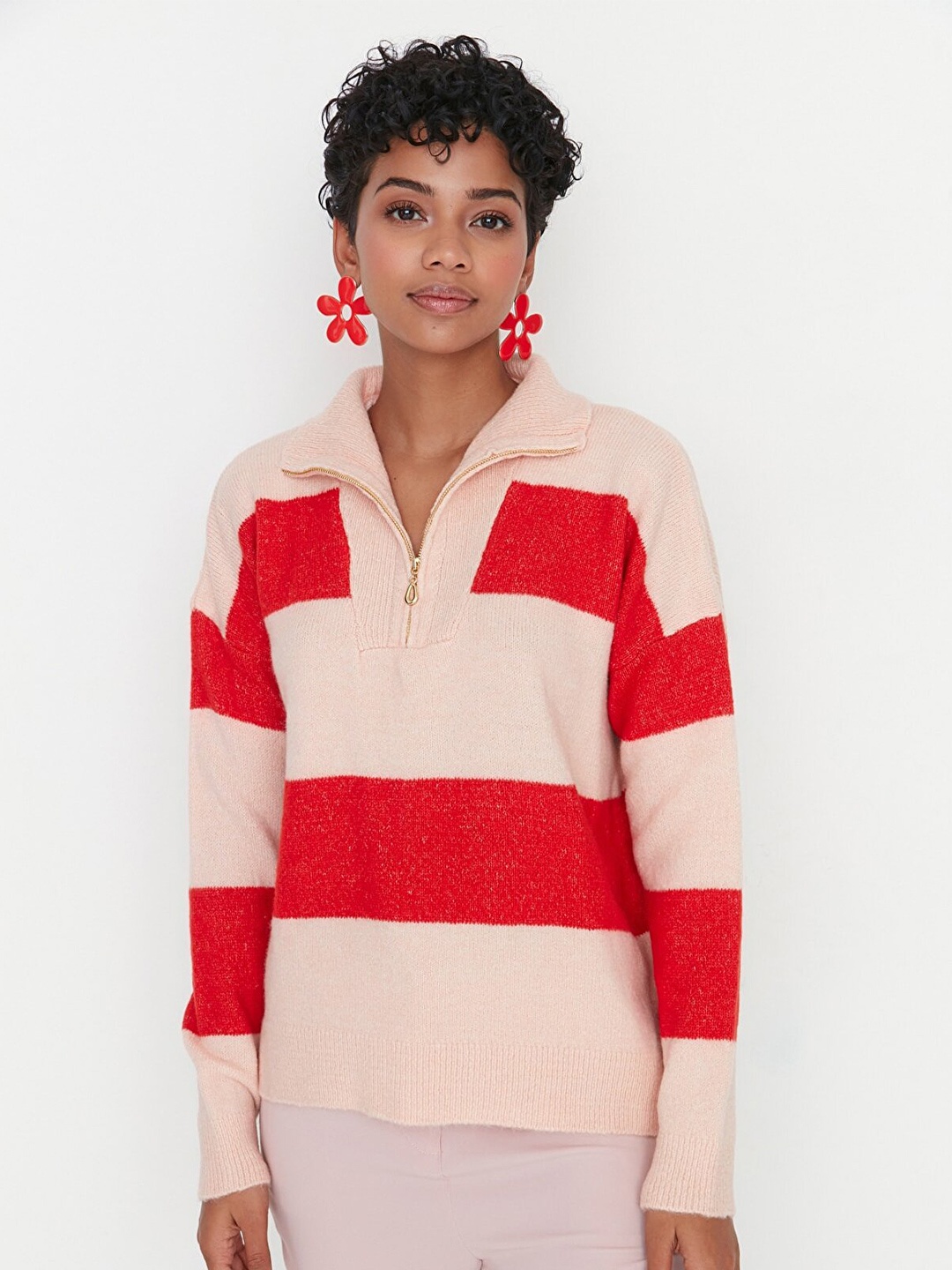 

Trendyol Women Pink & Red Striped Pullover