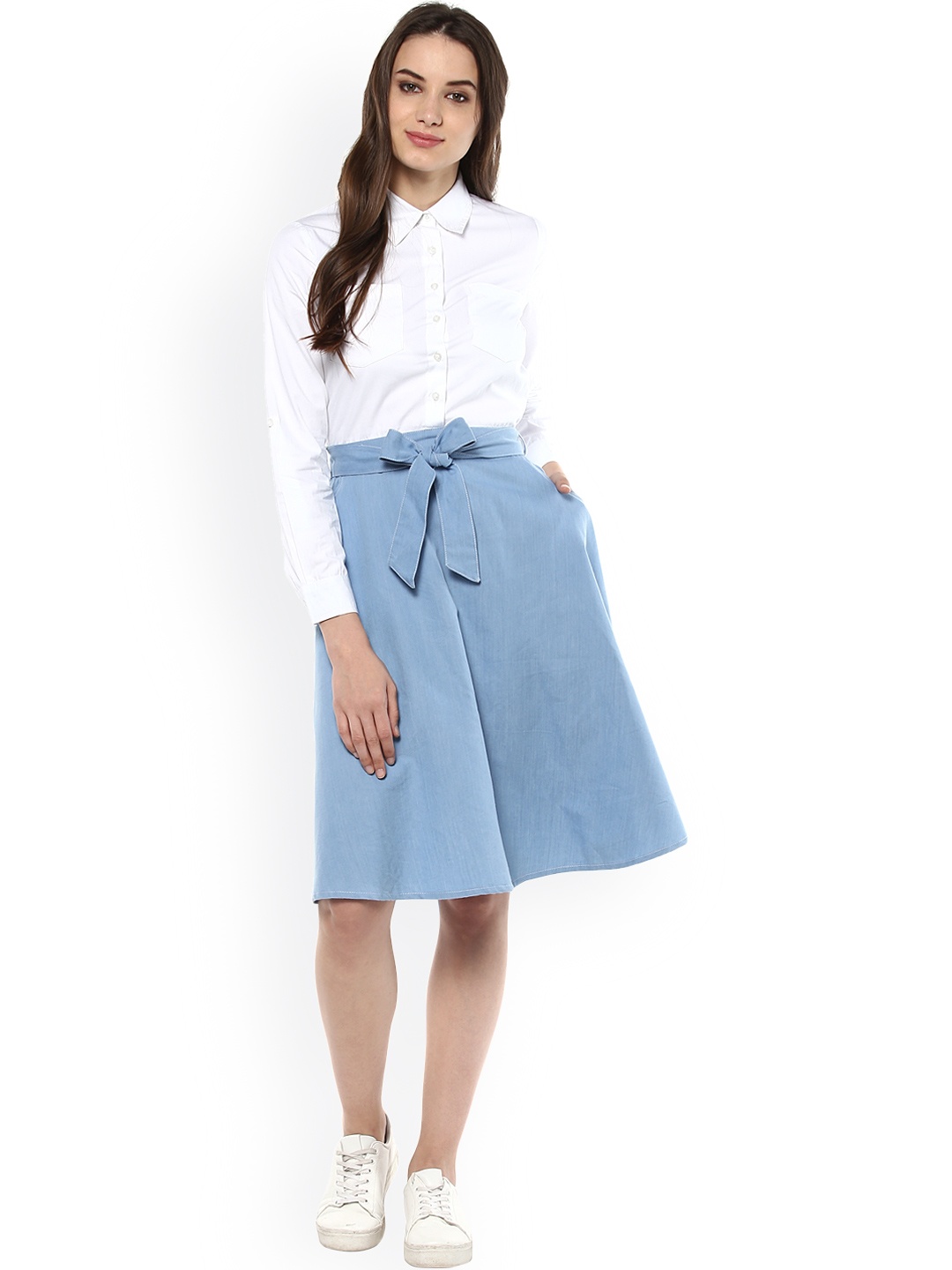 

StyleStone Women White & Blue Colourblocked Denim Fit & Flare Dress