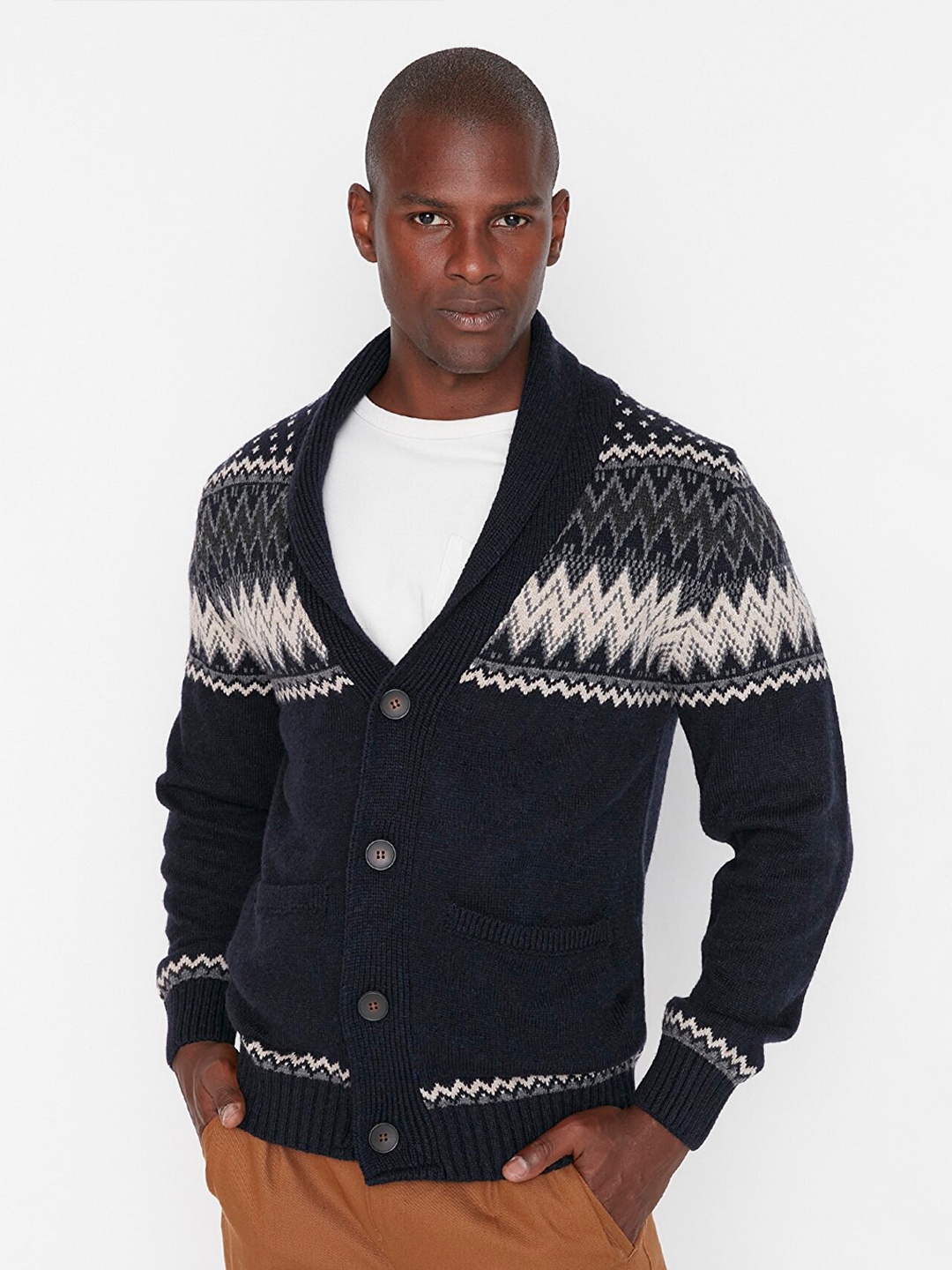 

Trendyol Men Navy Blue & White Cardigan Sweater