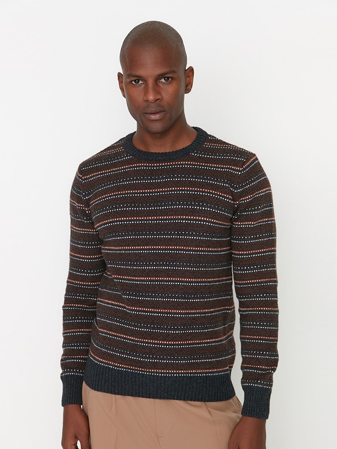

Trendyol Men Navy Blue & White Striped Pullover