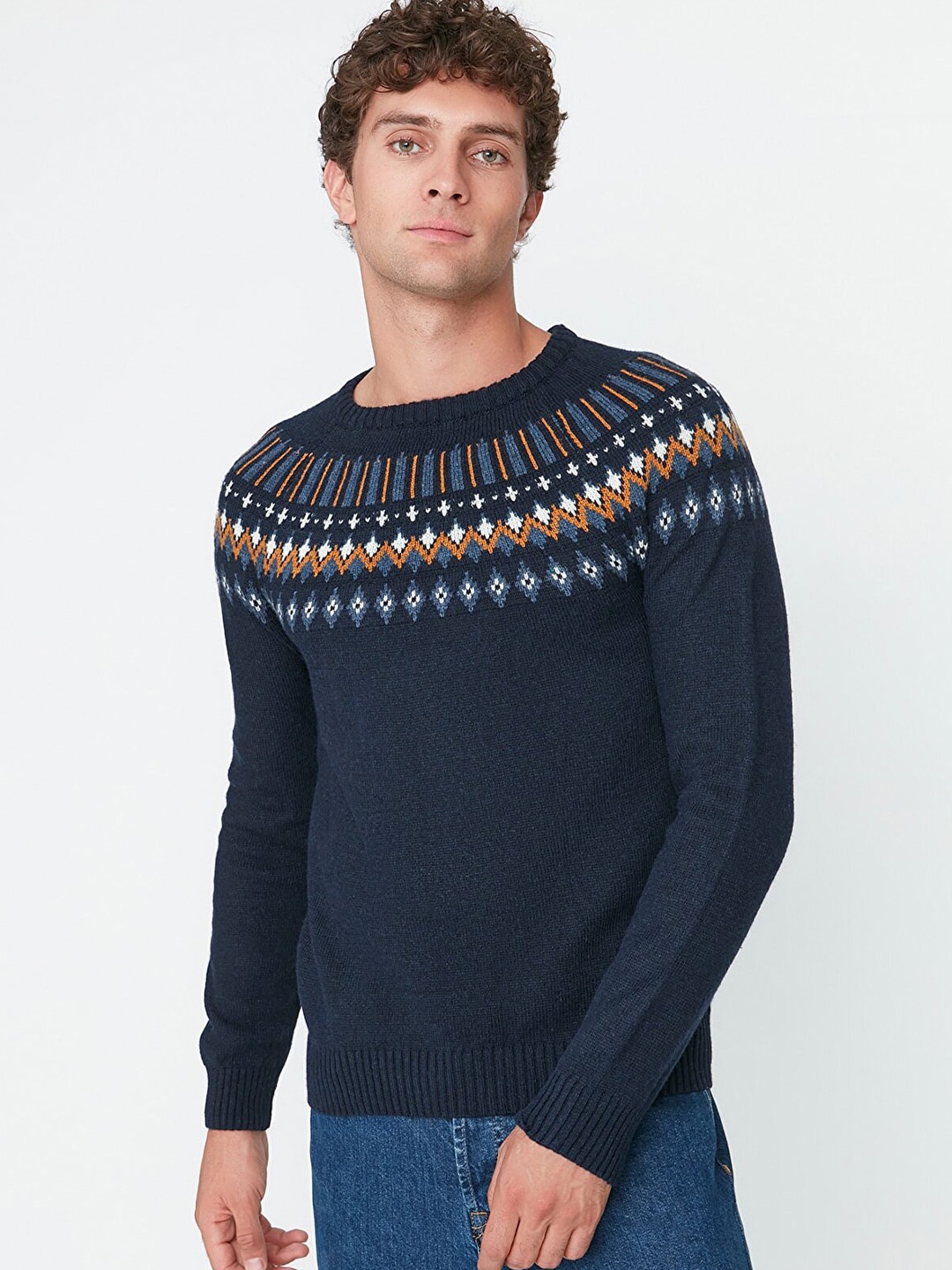 

Trendyol Men Navy Blue & White Printed Pullover