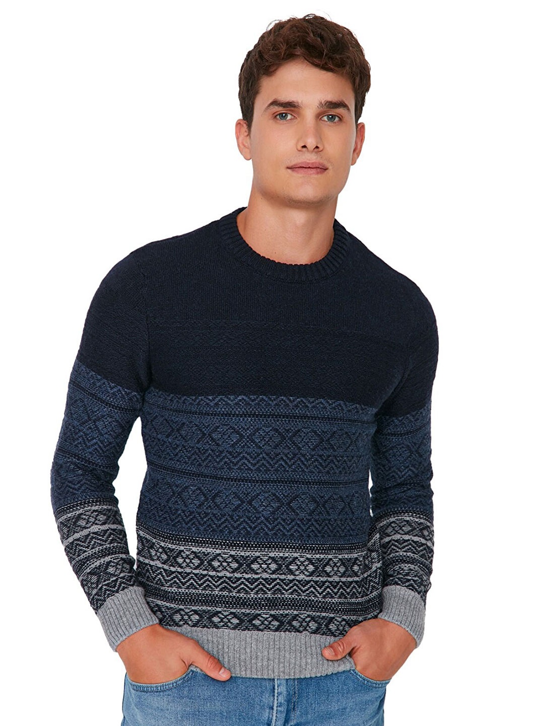 

Trendyol Men Navy Blue & Grey Pullover