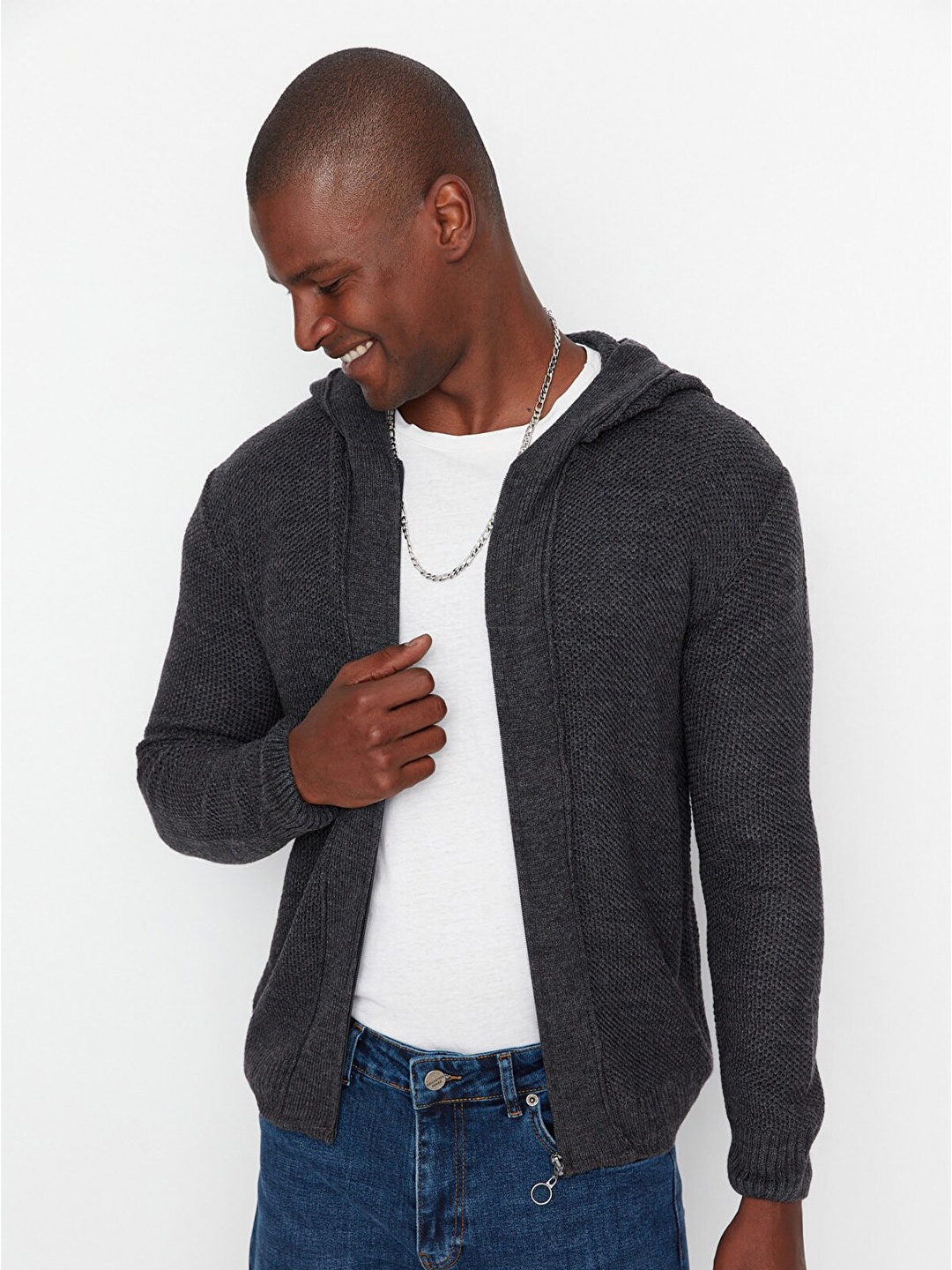 

Trendyol Men Charcoal Solid Hooded Cardigan