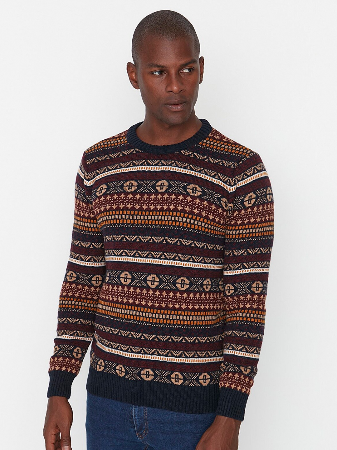 

Trendyol Men Burgundy & White Printed Pullover