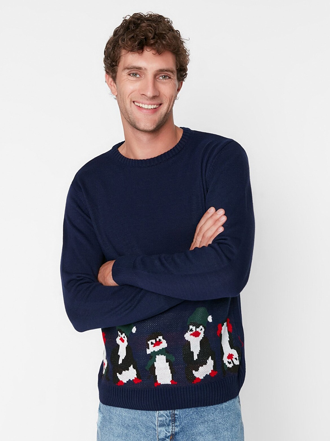 

Trendyol Men Navy Blue & White Printed Pullover