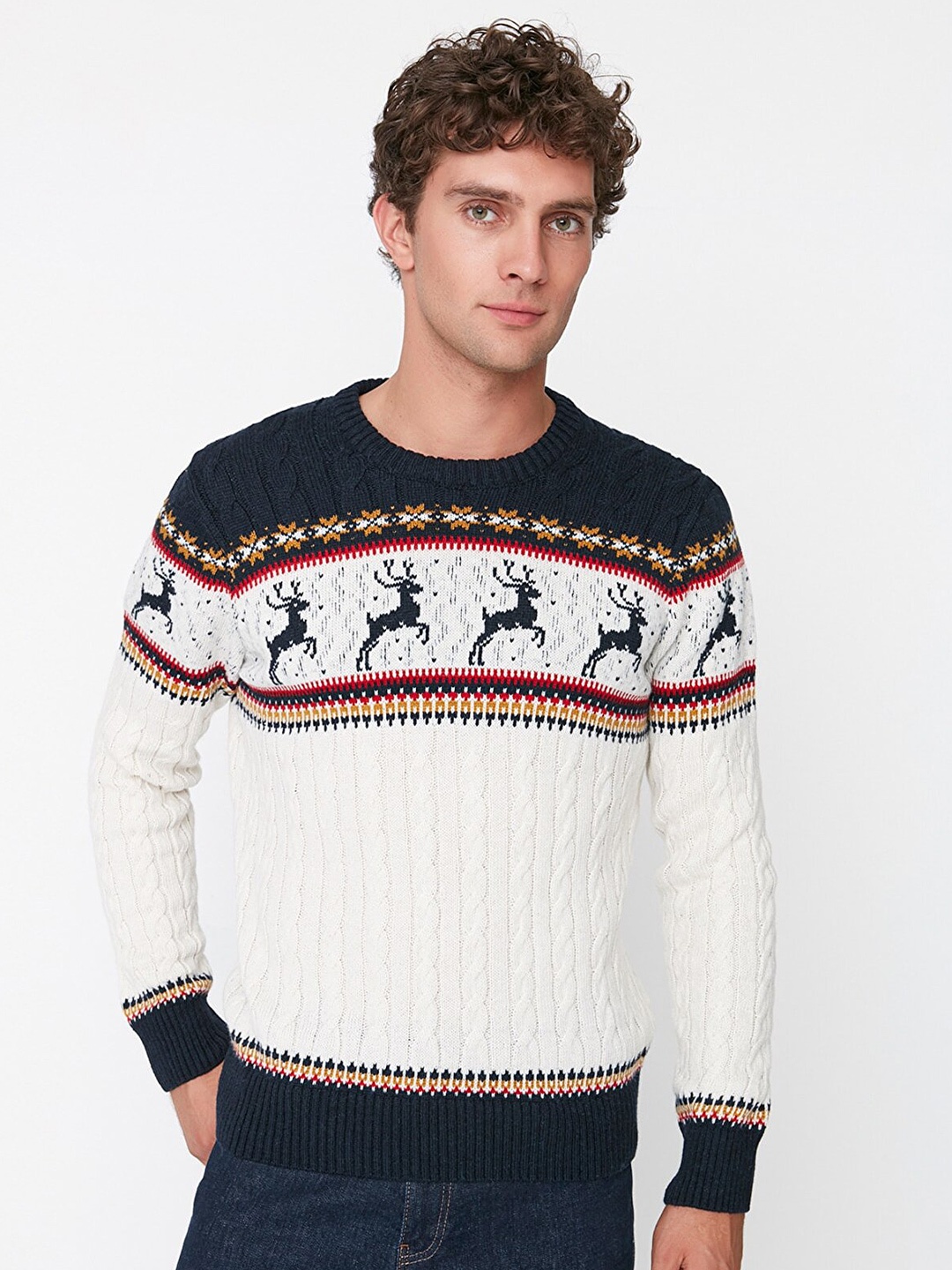 

Trendyol Men Navy Blue & White Printed Pullover