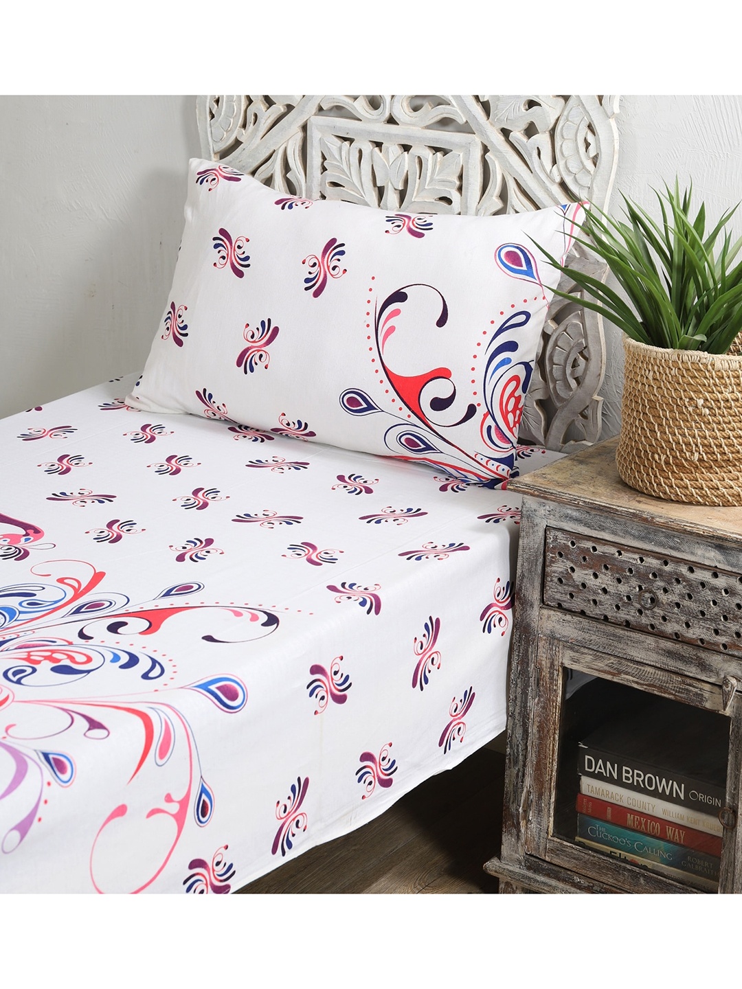 

HANDICRAFT PALACE Unisex White Peacock Printed 144 TC Single Bedsheet with 1 Pillow Cover