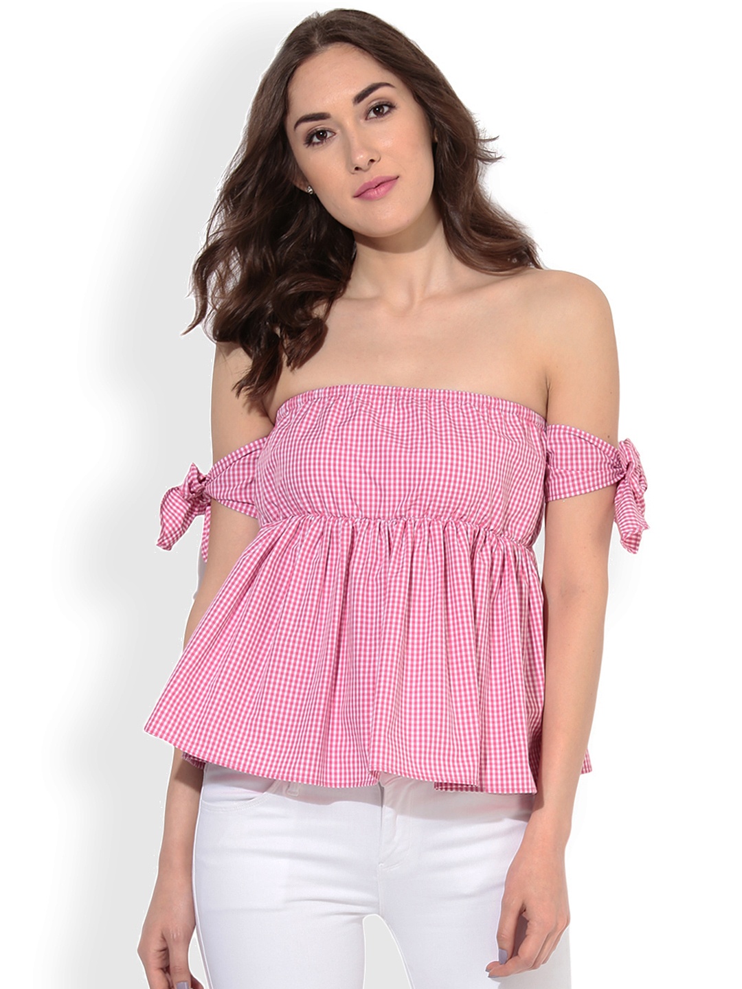 

Besiva Women Pink & White Checked Bardot Pure Cotton Top