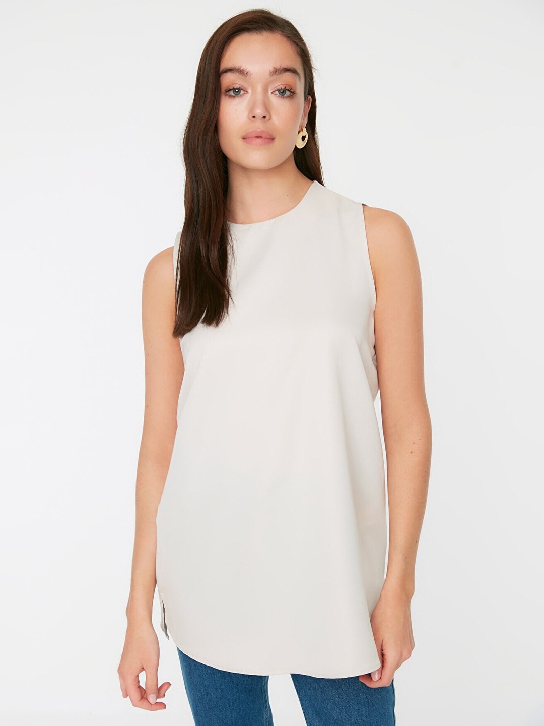 

Trendyol Women White Solid Cotton Round Neck Tunic