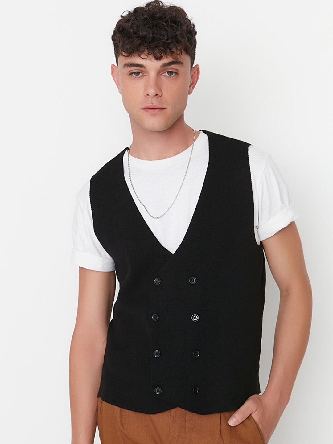 

Trendyol Men Black Solid Double Breasted Woven Waistcoat