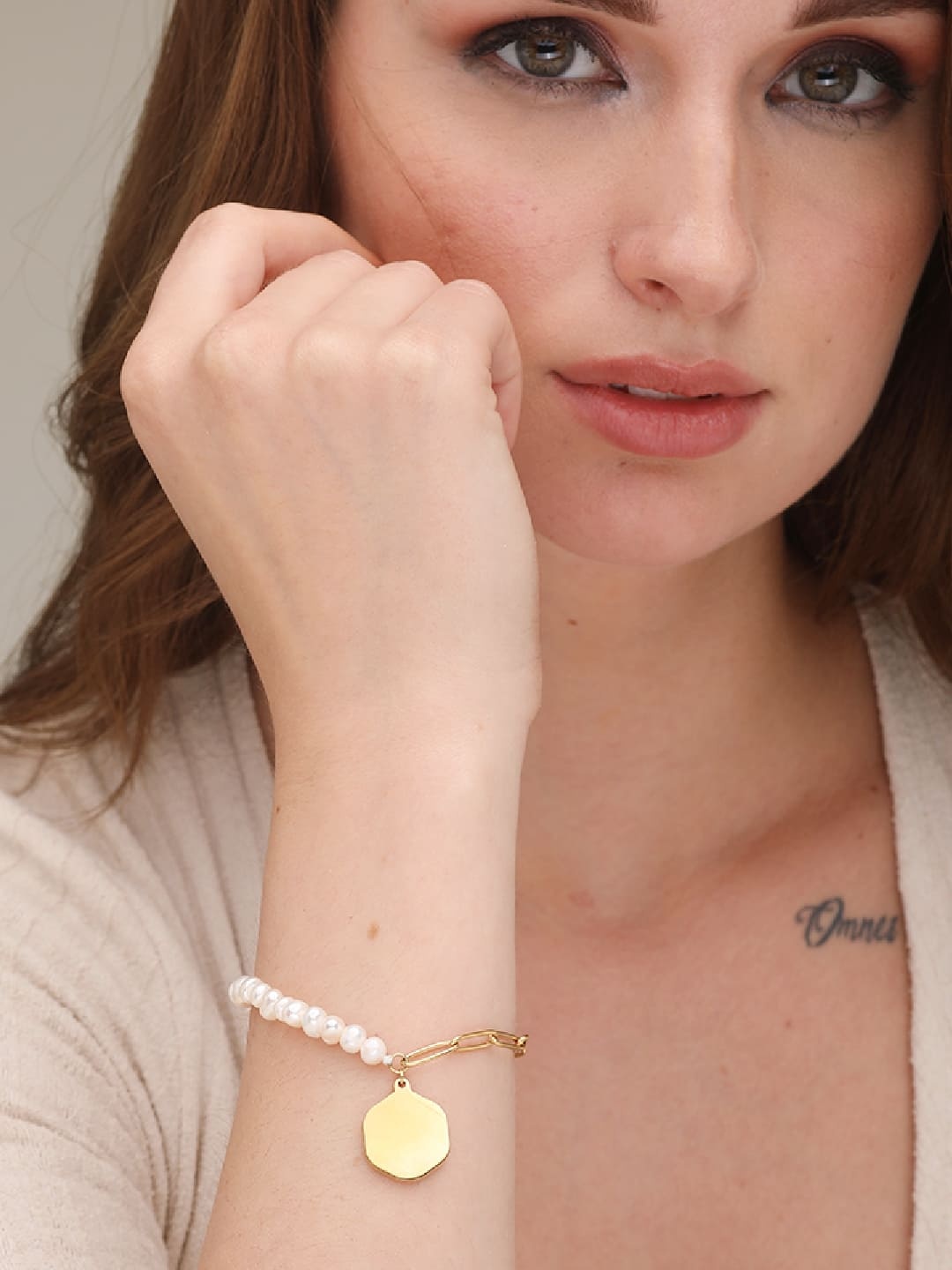 

PALMONAS Women Gold-Toned & White Pearls Gold-Plated Wraparound Bracelet