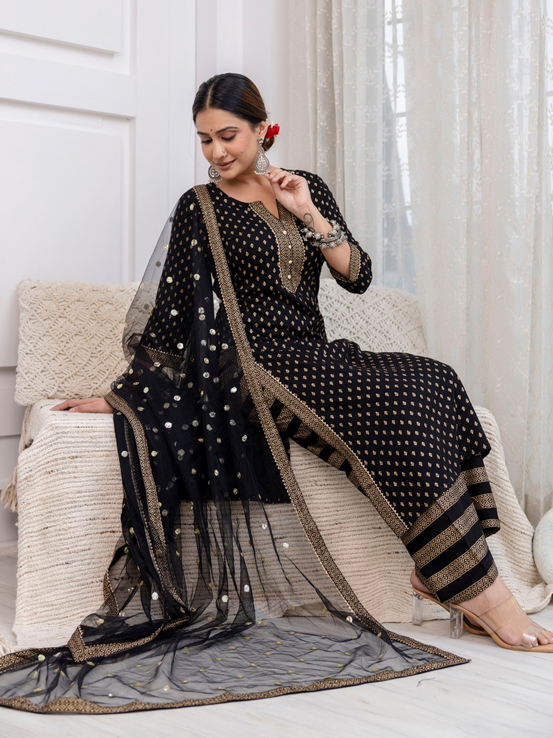 

Nayo Women Black Printed Kurta with Palazzos & With Dupatta
