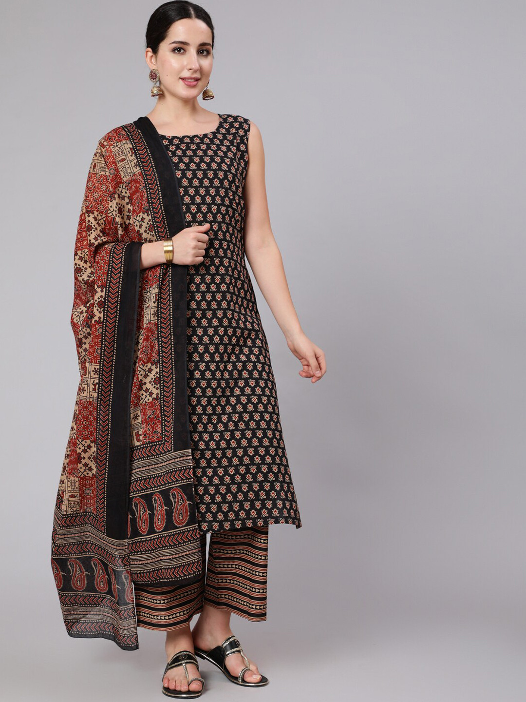 

Nayo Women Black Ethnic Motifs Printed Pure Cotton Kurta with Palazzos & With Dupatta