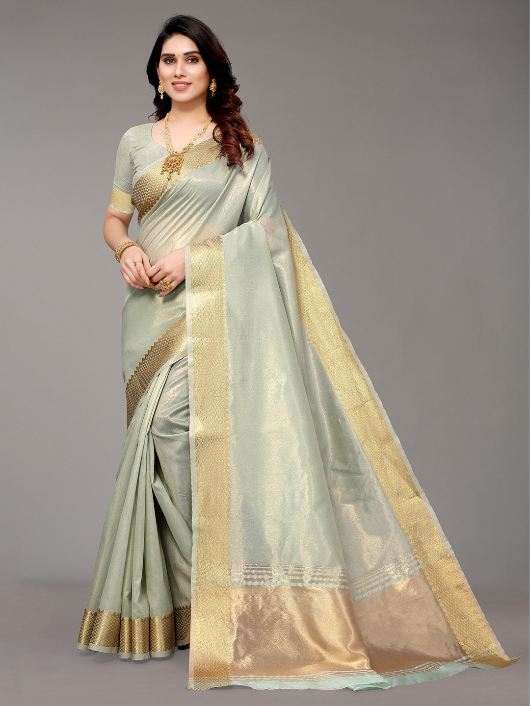 

Winza Designer Olive Green & Gold-Toned Woven Design Zari Silk Blend Banarasi Saree